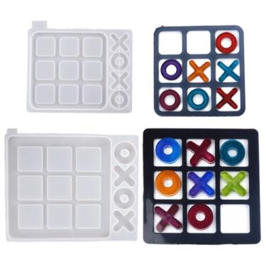 Imagem de SWUAVD Molde de resina Tic Tac Toe, 2 peças de moldes grandes de silicone para resina epóxi, faça você mesmo, jogo de tabuleiro de mesa, jogo de viagem, com 4 moldes de peças de xadrez