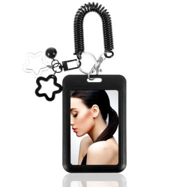 Imagem de DOPENSPI Porta-cartões fotográficos Star Bells com mola, porta-cartões fotográficos de PVC preto, 11 x 6,8 cm, organizador de fotos, crachá de identidade, protetor de cartão de identificação com