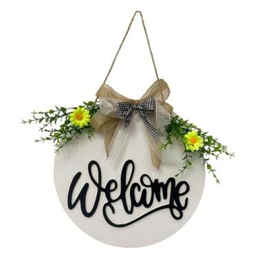 Imagem de Generic Placa de boas-vindas para porta de entrada, placa decorativa de madeira com laço, enfeite de guirlanda para porta, para escritório, entrada de casa, Branco