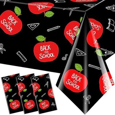 Imagem de Whaline 3 peças de toalha de mesa Welcome Back to School Party 137 x 272 cm capa de mesa impermeável maçãs vermelhas lápis livros toalha de mesa de plástico para decoração de festa no primeiro dia de