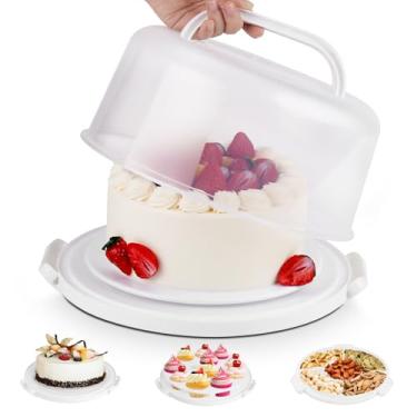 Imagem de Porta-bolos com tampa e alça, suporte multiuso para bolos de 25,4 cm, recipientes de cupcake para 11 cupcakes, suporte de bolo serve como bandeja de servir em cinco seções, recipiente portátil para