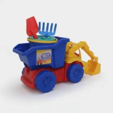 Imagem de Caminhão Escavadeira Infantil com Balde de Praia, Polipropileno Resistente, Azul e Colorido, 55x30x34cm, para Crianças Acima de 2 Anos, Kit Praia com Pá e Acessórios