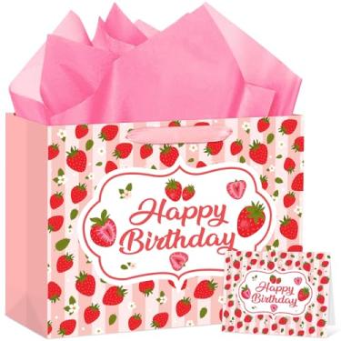 Imagem de Hooqict Bolsa grande de presente de aniversário de morango rosa para presente de feliz aniversário com alças, papel de seda, cartão de felicitações para meninas, crianças, mulheres, decoração de festa