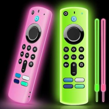 Imagem de Pacote com 2 capas de silicone para controle remoto compatível com FireTV Stick 4K/Alexa Voice Remote 3ª geração, capa protetora de silicone antiderrapante com cordão colorido que brilha no escuro