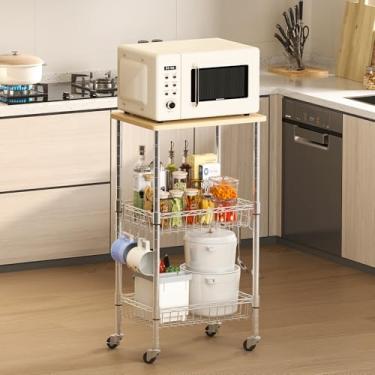 Imagem de Homeiju Carrinho de armazenamento de cozinha giratório, rack de armazenamento de 3 camadas com rodas giratórias com 2 cestas ajustáveis, organizador de prateleira de carrinho de estação de café para