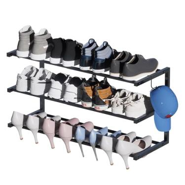 Imagem de Wotendy Sapateira expansível montada na parede, 43-76 cm ajustável, comporta 12 pares, suporte de metal de 3 níveis com 4 ganchos, economia de espaço para porta de armário de entrada, preto