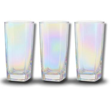 Imagem de Jogo 3 Copos de Vidro 315ml Furta Cor - Design Moderno, Brilho Iridescente e Ótimo para Água, Sucos e