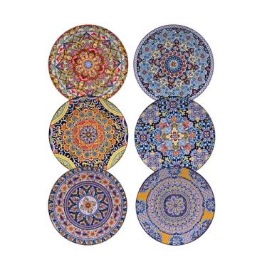Imagem de Romatlink Conjunto de pratos de jantar de 6 a 21 cm conjunto de pratos de cerâmica para 6, pode ir ao micro-ondas, forno e lava-louças, pratos de servir em estilo boêmio colorido para lanches, pizza