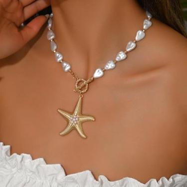 Imagem de Colar de pérolas de estrela do mar dourado para mulheres, gargantilha delicada, joia de presente, Medium, Latão, Sem Pedra Preciosa