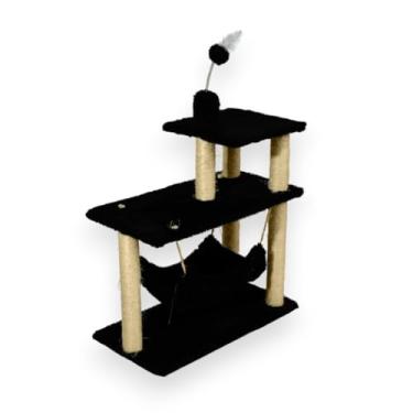 Imagem de Arranhador Para Gatos Casa E Playground Torre Bases Com Rede Grande, Bolinha E Penas (PRETO)