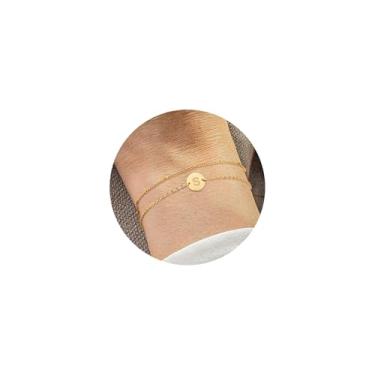 Imagem de HSWYFCJY 2 peças 18,3 cm + 5 cm extensão banhado a ouro prata 14K pulseira inicial em camadas para mulheres, aço inoxidável personalizado A-Z letra disco monograma pulseira com pingente inicial