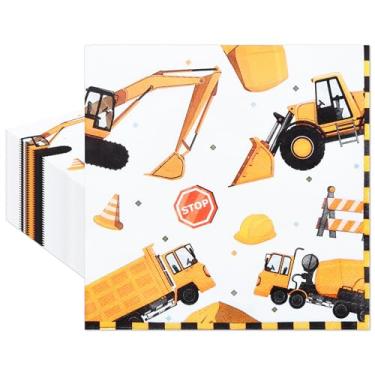 Imagem de Pacote com 40 guardanapos de papel de festa de construção – Guardanapos descartáveis de 33 x 33 centímetros com escavadeira, caminhão basculante, misturador de cimento e designs de sinais de trânsito