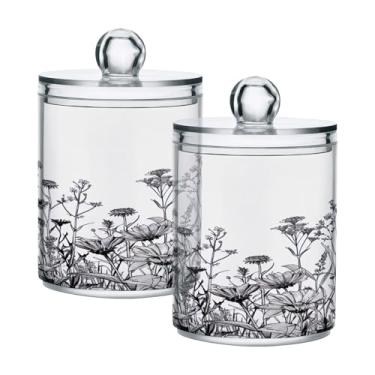Imagem de ATTX Dispensador de suporte Qtip de flores pretas e brancas para bola de algodão, cotonete, frasco de boticário de plástico transparente, pote de armazenamento de cozinha para decoração de casa