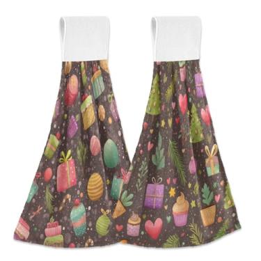 Imagem de Blueangle Pacote com 2 toalhas de amarrar penduradas com padrão natalino em aquarela - Toalhas de prato de veludo coral macias absorventes para cozinha e banheiro (360)