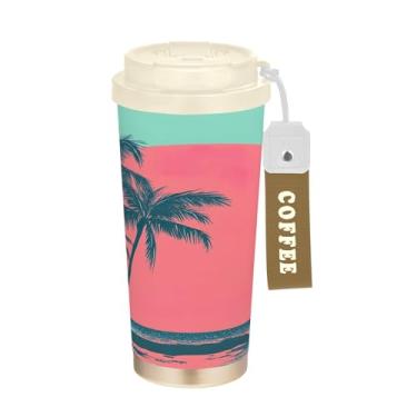 Imagem de SEHANY Caneca de viagem com palmeira de verão, 482 g, copos de café reutilizáveis revestidos de cerâmica com tampa à prova de vazamento, parede dupla, isolamento a vácuo, copo de café de aço
