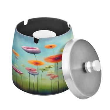 Imagem de Blueangle Cinzeiro de aquarela floral abstrato com tampa para cigarros, à prova de vento/chuva, aço inoxidável, sem fumaça, inodoro, cinzeiro para uso interno ou externo (248)
