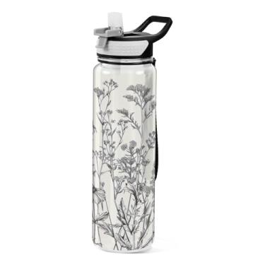 Imagem de ATTX Garrafa de água de flores pretas e brancas, 947 ml, à prova de vazamento e livre de BPA, garrafas de água reutilizáveis de plástico Tritan para viagens, academia, corrida, fitness #308