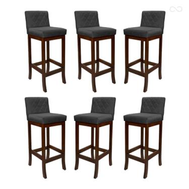Imagem de Kit 6 Banquetas Alta para Ilha de Cozinha Tóquio Madeira Maciça Matelassê Suede Cinza CCS