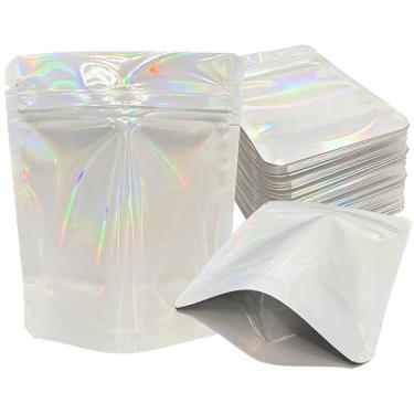 Imagem de YINGZON Pacote com 100 sacos Mylar premium à prova de cheiro, sacos de armazenamento resseláveis com impressão holográfica dupla face, sacos de embalagem de alumínio de 12,7 x 10 cm. (branco)