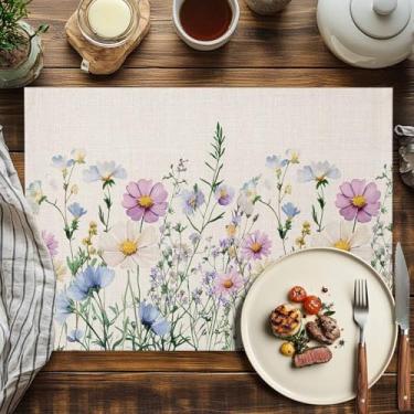 Imagem de Jogo americano conjunto de 4 tapetes de mesa laváveis aquarela, flores naturais, floral, jardim, linho, para cozinha, mesas de jantar, decoração de festa