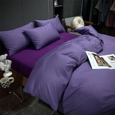 Imagem de XLCZMYL Conjunto de capa de edredom de cor lisa escovada, 4 peças, 1 lençol + 2 fronhas, tecido de poliéster, roupa de cama para quatro estações, violeta, lençol de cama de 1,5 m adequado para colcha