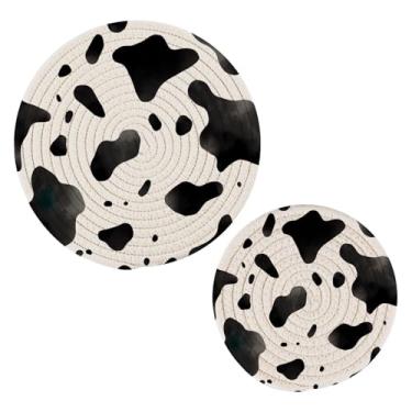 Imagem de Wassud Conjunto de trivet com estampa de vaca para pratos quentes, suportes redondos de algodão, almofadas quentes, porta-copos elegantes, decoração de cozinha e acessórios, 2 peças