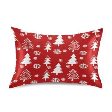 Imagem de Wassud Fronhas de cetim vermelho e branco com árvores de Natal para cabelo e pele, fronhas de seda lisa, tamanho queen, respirável, com fecho de envelope