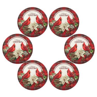 Imagem de Wassud Jogo americano conjunto de 6 tapetes redondos de pássaros vermelhos para cozinha e jantar tapetes laváveis resistentes ao calor decoração de mesa 39 cm