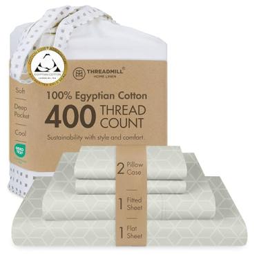 Imagem de Threadmill Jogo de lençol Queen de algodão egípcio | 100% algodão egípcio certificado para cama queen size | Jogo de cama Queen com bolso profundo | Jogo de cama jacquard damasco macio e refrescante |