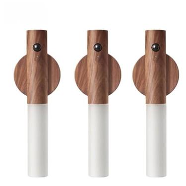 Imagem de Luz Noturna LED Magnética Sem Fio com Sensor de Movimento, Recarregável USB-C, Madeira Ajustável para Quarto e Corredor(4 PÇS ESCURA)