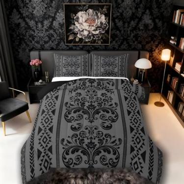 Imagem de ArtfulHome Jogo de cama solteiro com decoração vitoriana, estilo ocidental, cinza, preto, damasco, geométrico, asteca, barroco, vintage, floral, gótico, étnico, tribal, flecha, boho