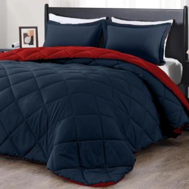 Imagem de Conjunto de edredom de luxo King Size vermelho/azul marinho, 3 peças -