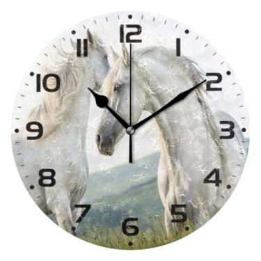 Imagem de JUZIHAI Relógio de parede com cavalo branco, silencioso, sem tique-taque, redondo, operado por bateria, fácil de ler, relógio decorativo de parede para casa, cozinha, sala de estar, quarto, escritório