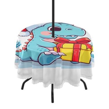 Imagem de Qilmy Toalha de mesa redonda impermeável com chapéu de dinossauro de Natal de 152 cm com orifício para guarda-chuva e zíper – uso externo / interno resistente para pátio, churrascos, piqueniques