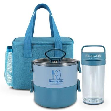 Imagem de Kit Bolsa Térmica Pote Marmita De 2 Andares 1600ml E Garrafa - Jacki Design Azul