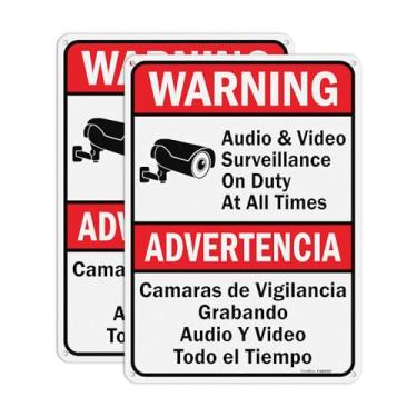 Imagem de GicnKeuz Placas de vigilância de áudio e vídeo em serviço em todos os momentos, placa de aviso de segurança de 25,4 x 17,8 cm, alumínio refletivo, impermeável e resistente ao desbotamento, 4 furos