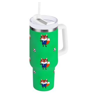 Imagem de ODAWA Copo de água verde grande raposas de futebol com alça e canudo, copo isolado de aço com tampa 2 em 1