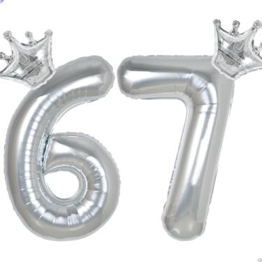 Imagem de 67 balões com números de 101,6 cm prata para decorações de aniversário de 67 anos para homens e mulheres, decoração de aniversário de 67 anos de Mylar gigante para ele e ela