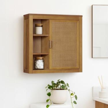 Imagem de Teamson Home Armário de parede Hatteras de 56 cm com armazenamento aberto e fechado com prateleiras resistentes, estilo moderno costeiro e suporte de madeira maciça para instalação segura na parede