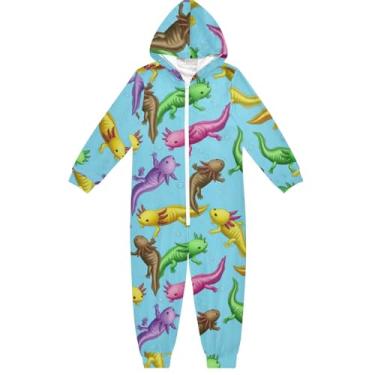 Imagem de Macacão unissex infantil colorido axolotls azul com capuz roupas de casa meninos meninas 4T, Axolotls coloridos azuis, 7-8 Anos
