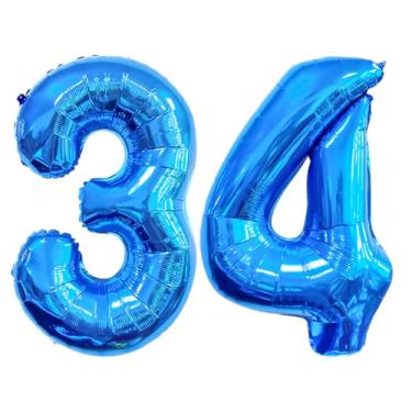 Imagem de GFIURNJVVBJH Balão de alumínio com 34 números, número 81 cm, balão gigante para decoração de festa de aniversário de 34 anos, casamento, formatura, celebração, festa, azul, 34