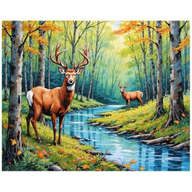 Imagem de Kit de pintura de cervo florestal por números para adultos – Pintura de paisagem em tela, fluxo de floresta e vida selvagem, conjunto de tinta acrílica, adequado para iniciantes, arte de parede