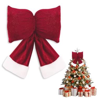 Imagem de TONIFUL Laço de veludo vermelho com glitter de 28 cm x 35,5 cm para topo de árvore de Natal, grinalda, corda, escada, decoração de porta da frente, enfeite para pendurar na janela
