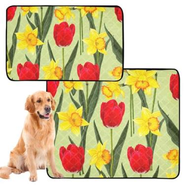 Imagem de TSENQUE Tapetes reutilizáveis de tulipas vermelhas e narcisos amarelos para animais de estimação, almofadas laváveis para urina para cães, tapete de caixa de cachorro fofo, impermeável, absorvente