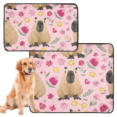 Imagem de Almofadas laváveis para xixi para cães, almofada reutilizável para gatos de estimação, lindas capivaras, flores, rosa, absorventes para filhotes, tapete fofo à prova d'água, antiderrapante, médio +