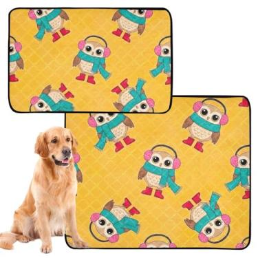 Imagem de Almofadas laváveis para cães de estimação, almofadas reutilizáveis para xixi, corujas, azul, laranja, absorvente para filhotes de cachorro, tapete impermeável, fofo, médio + grande, conjunto de 2