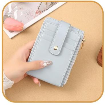 Imagem de Carteira feminina de couro genuíno com dobra dupla/tripla - Suporte minimalista para cartão de crédito com bloqueio de RFID e bolso para moedas, Azul, Casual