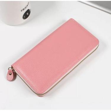 Imagem de Carteira feminina de couro genuíno com dobra dupla/tripla - Suporte minimalista para cartão de crédito com bloqueio de RFID e bolso para moedas, rosa, Casual