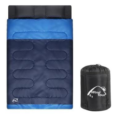 Imagem de Saco de dormir duplo com 2 travesseiros – Saco de dormir leve para 2 pessoas, algodão para adultos e adolescentes para acampamento, mochilão, caminhada com bolsa de transporte para frio e quente (azul