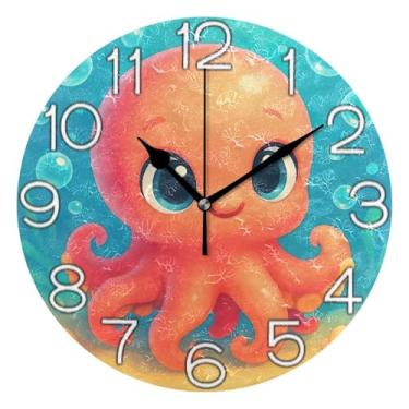 Imagem de GAIGEO Relógio de parede decorativo analógico redondo sem tique-taque silencioso relógio de cozinha rústico, sala de estar moderna decoração de parede bonito polvo azul rosa, 25 cm, ponteiros pretos